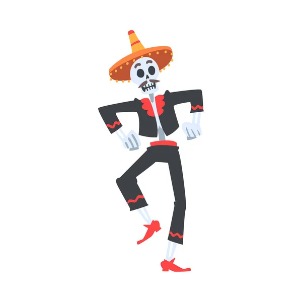 Esqueleto de Hombre en Traje Tradicional Mexicano y Sombrero Bailando Sombrero, Día de Muertos, Ilustración Vectorial del Estilo de Dibujos Animados Día de Muertos — Vector de stock