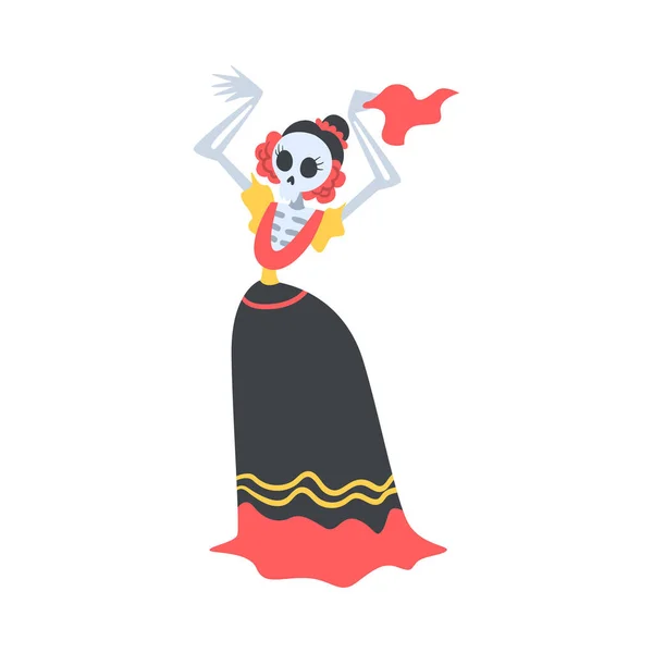 Woman Skeleton in Mexican Traditional Costume Dancing, Dia de Muertos Cartoon Style Vector Illustration — Stock Vector