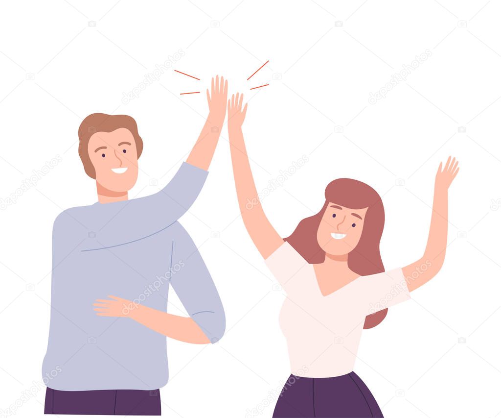 Happy Man and Woman Giving High Five to Each Other Vector Illustration