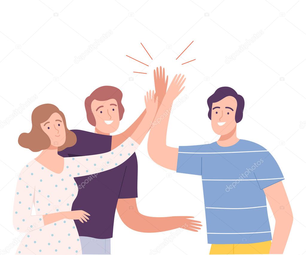 Group of Smiling People Characters Sliding Hands as High Five Gesture Vector Illustration
