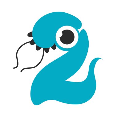 İki Numara: Şirin Mavi Canavar, Komik Fantezi Yaratık Karakteri, İki Numara, Matematik, Çocuk Çizgi Film Stili Vektör Çizimi