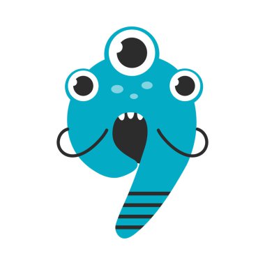 Dokuz Numara Sevimli Canavar, Komik Fantezi Yaratık Karakteri, 9 Numara, Matematik, Çocuk Çizgi Film Stili Vektör İllüzyonu