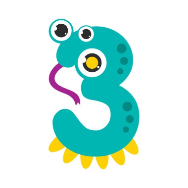 Üç Numaralı Sevimli Canavar, Komik Fantezi Uzaylı Karakteri, Matematik Sembolü, Çocuk Çizgi Film Stili Vektör İllüzyonu