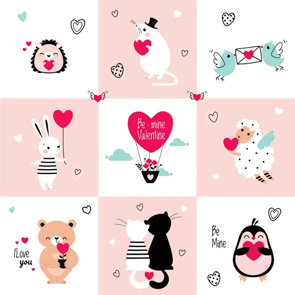 Animais bonitos no amor segurando corações celebrando Valentine Day Vector Set — Vetor de Stock