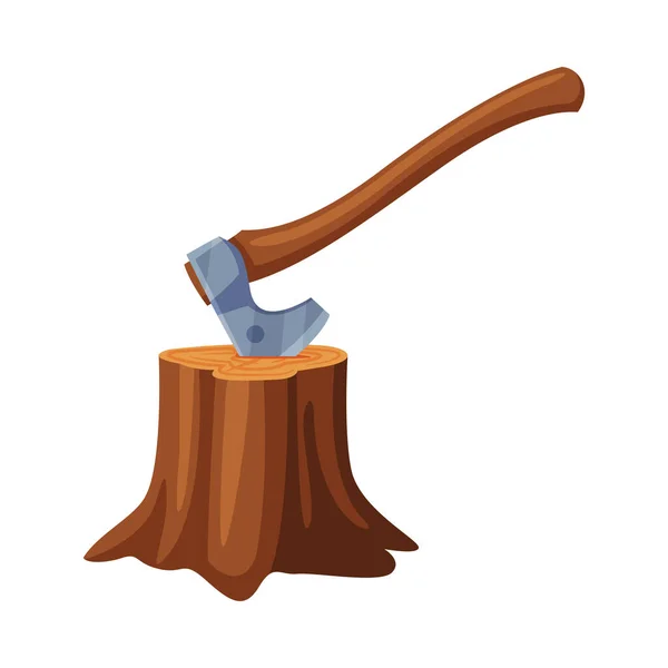 Axe with Wooden Handle Stuck in Tree Stump Vector Illustration — 스톡 벡터