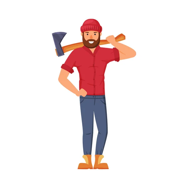 Homem Lumberjack em camisa vermelha de pé com helicóptero de madeira em seu ombro Vector Ilustração —  Vetores de Stock