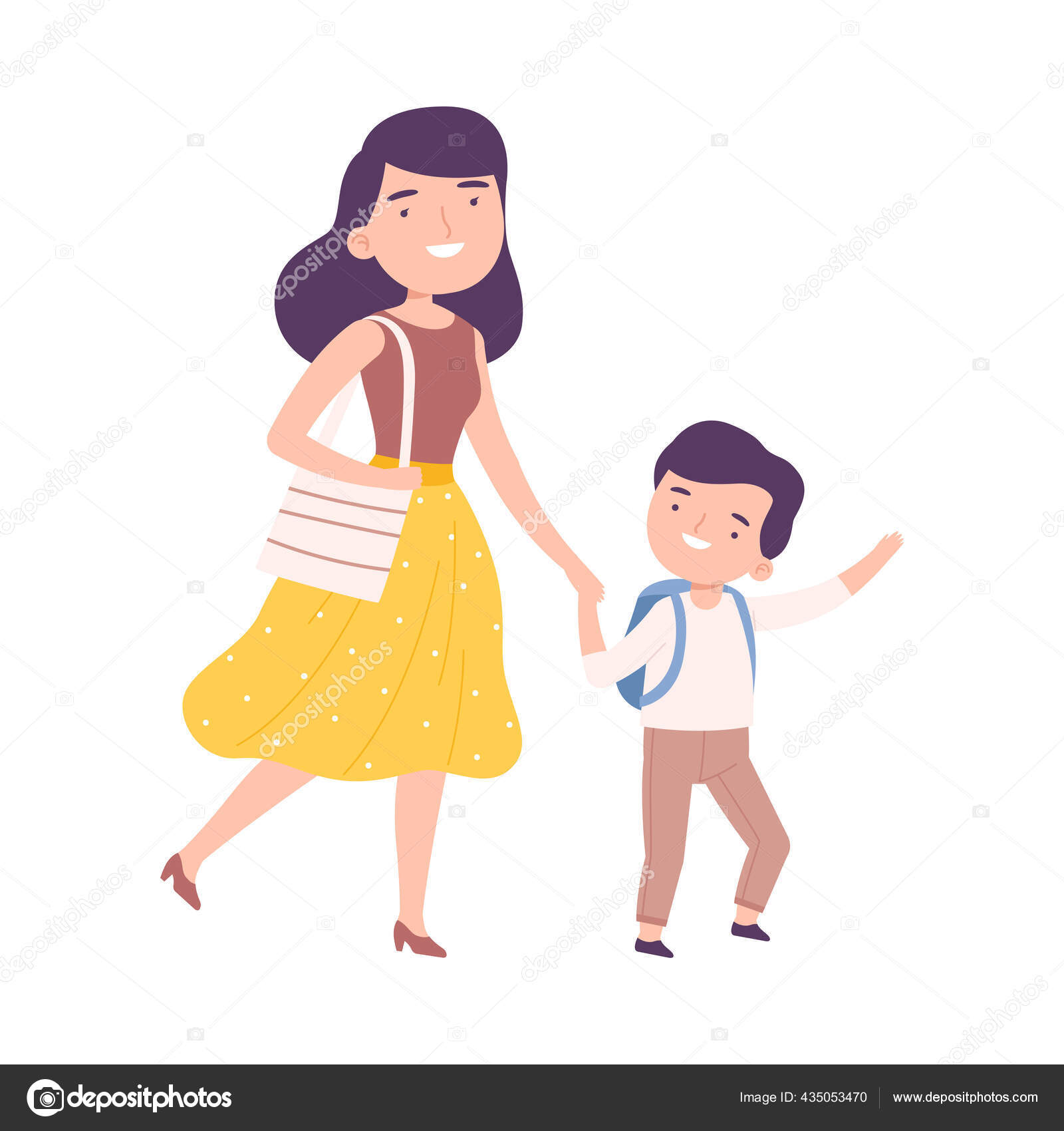 お母さんが息子を学校や幼稚園に連れて行く朝 親子で一緒に歩く手漫画スタイルベクトルイラスト ストックベクター C Topvectors