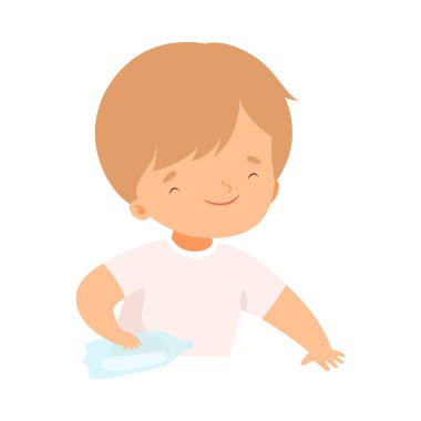 Geri Dönüşüm İçin Plastik Şişe Toplayan Yakışıklı Çocuk, Dünya Çizgi Film Stili Vektör Çizimlerini Kurtarmaya Yardım Ediyor