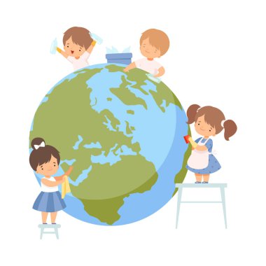 Çocuklar Dünyayı Kurtarmaya Yardım Ediyor, Çocuk Gönüllüler Dünya Gezegeni, Doğa ve Ekoloji Koruma Konsepti Çizgi Film Tarzı Vektör İlülasyonu 'nu Temizliyor