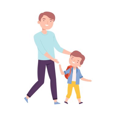 Baba, Küçük Oğluna Derse Eşlik Ediyor, Çocuğunu Okula Götürüyor, Ya da Anaokulu Çizgi Film Stili Vektör İlülasyonu