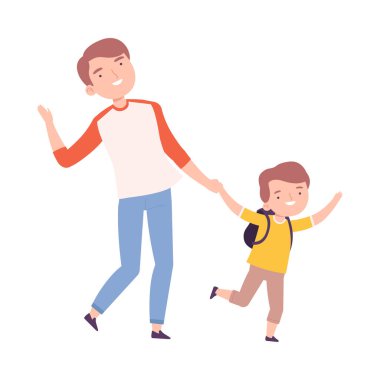 Baba oğluna okula ya da anaokuluna giderken eşlik ediyor, ebeveyn çocuğunu çizgi film stili illüstrasyonuna götürüyor.