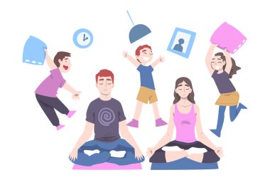Sakin Ebeveynler ve Yaramaz Çocuklar, Baba ve Anne Yoga Yapıyor ve Koşan Yaramaz Çocuklar Çizgi Film Stili Resimleri Arasında Meditasyon Yapıyor