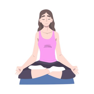 Yoga Yapan Genç Kadın, Lotus Pozisyonunda Oturan Kız ve Meditasyon Modeli Vektör İllüzyonu