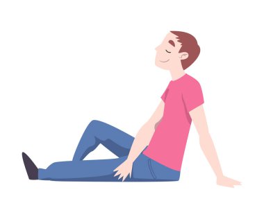 Yerde oturan ve Dinlenen Genç Adam, Rahatlamış Kişiler Çizgi Film Biçimi Vektör İllüzyonu