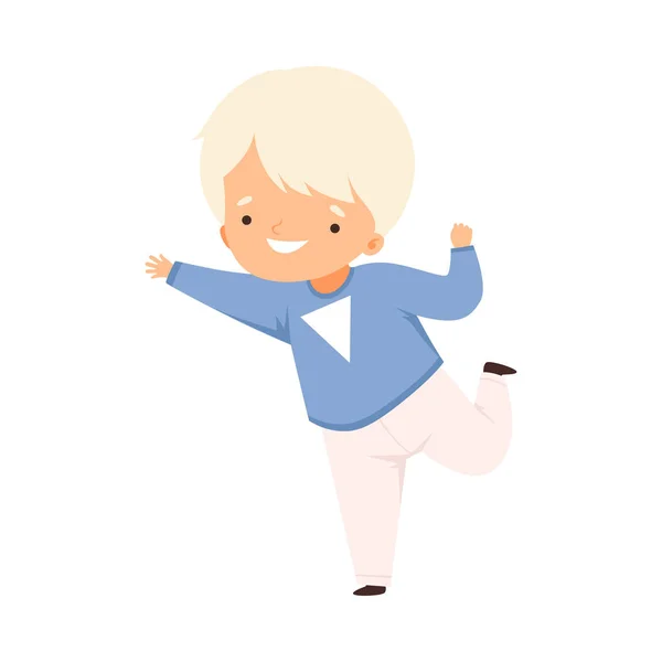 Cute Little Happy Running Blonde Boy Hand Cartoon Style Vector Illustration — Vector de stock