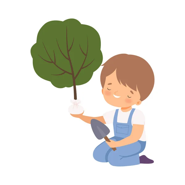 Cute Boy Planting Tree, Kid Helping Save the World, Nature and Ecology Protection Cartoon Style Vector Illustration — Stock Vector