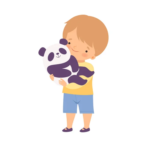 Netter Junge, der Wildtiere schützt, Kind, das hilft, die Welt zu retten, Kind, das Pandabär hält — Stockvektor
