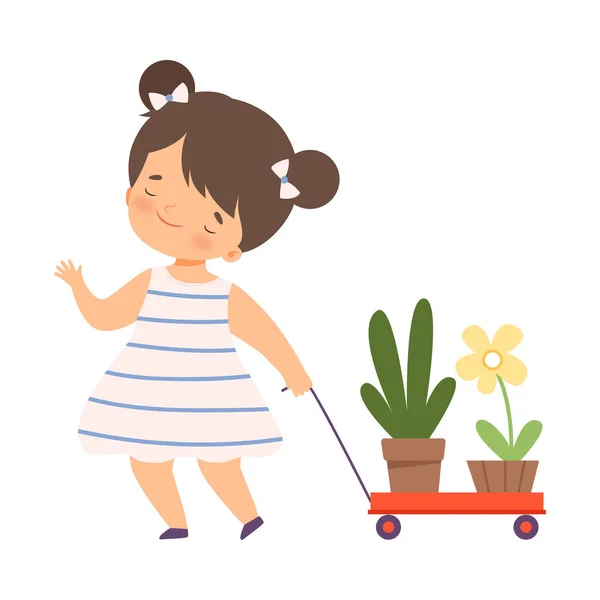 Linda chica tirando de carro de madera con plantas en macetas, niño ayudando a salvar el mundo, Naturaleza y Ecología Protección Estilo de dibujos animados Vector Ilustración — Vector de stock