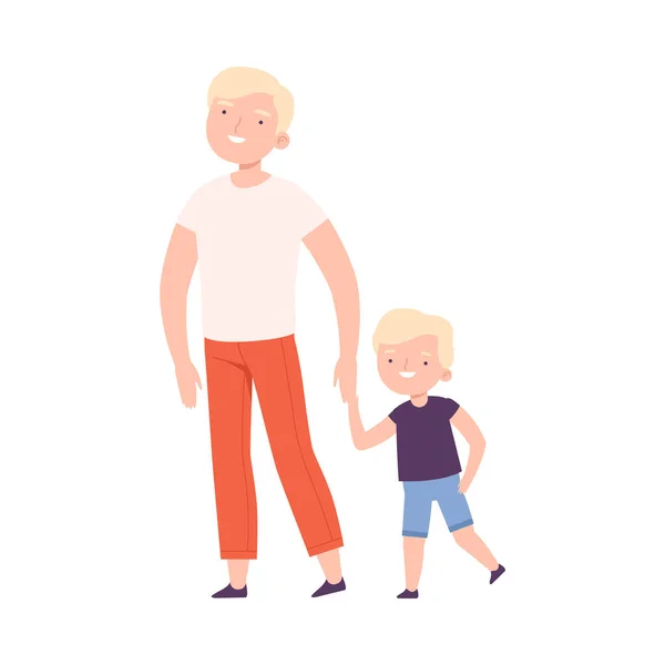 Papa emmenant son fils à l'école ou à la maternelle, parents et enfants marchant ensemble, illustration vectorielle de style bande dessinée Happy Parenthood — Image vectorielle