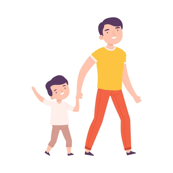 父亲牵着他的儿子去学校或幼儿园，快乐的爸爸和孩子手牵着手，手牵着手，走在一起 — 图库矢量图片