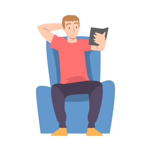 Joven sentado en sillón y libro de lectura Dibujos animados Estilo Vector Ilustración — Archivo Imágenes Vectoriales