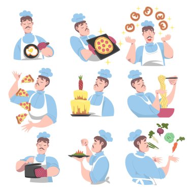 Mutfak Seti 'nde Aşçı Aşçı Karakteri Şapka ve Önlük Pişirme, Pişirme ve Yemek Pişirme Lezzetli Tabaklar Çizgi Film Stili Resimleri