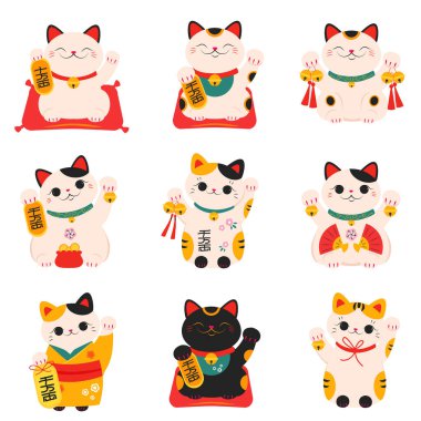 Japon Maneki Neko Kedi Koleksiyonu, Geleneksel Beyaz Kedi Oyuncak Bebek Çizgi Filmi Stili Vektör İllüstrasyonu