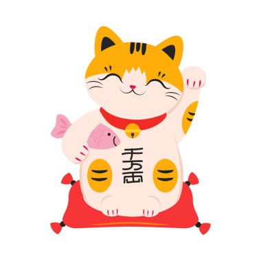 Japon Maneki Neko with Fish, Japon Geleneksel Beyaz Kedi Bebek Çizgi Filmi Stili Vektör İllüstrasyonu