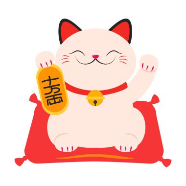 Japon Maneki Neko, Japon Geleneksel Beyaz Kedi Bebek Çizgi Film Modeli Vektör İllüstrasyonu