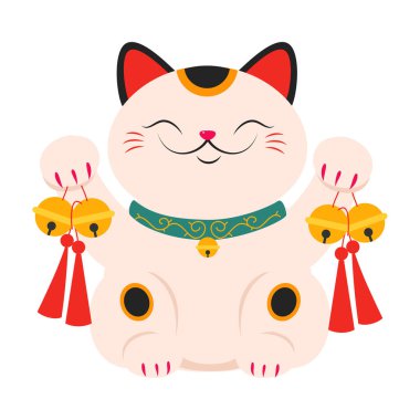 Geleneksel Altın Çanlar ile Japon Maneki Neko, Japon Şans ve Servet Çizgi Film Stili Vektör İllüstrasyonu Sembolü