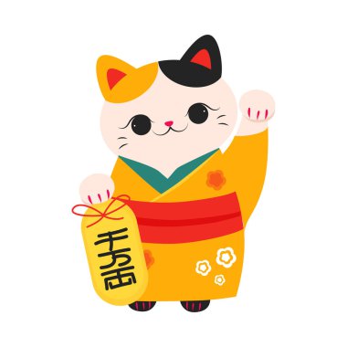 Yükseltilmiş Pençeli Japon Maneki Neko, İyi Şans ve Zenginliğin Beyaz Japon Kedi Sembolü, Japon Çizgi Film Tarzı Vektör İllüstrasyonunun Geleneksel Hatırası