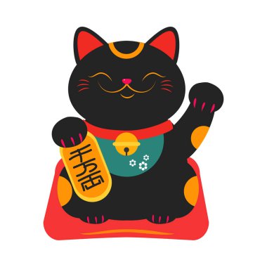 Japon Maneki Neko, Japon Geleneksel Kara Kedi Bebek Çizgi Film Modeli Vektör İllüstrasyonu