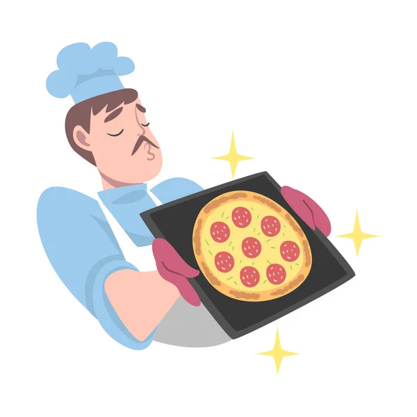 焼きたてのピザ、帽子のピザメーカーキャラクター、キッチン漫画スタイルの4月の料理でシェフベクトルイラスト — ストックベクタ