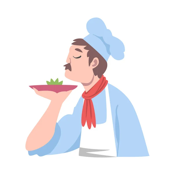 Kuchař vůně lahodné jídlo, kuchař postava v klobouku a zástěra vaření v kuchyni karikatura styl vektorové ilustrace — Stockový vektor