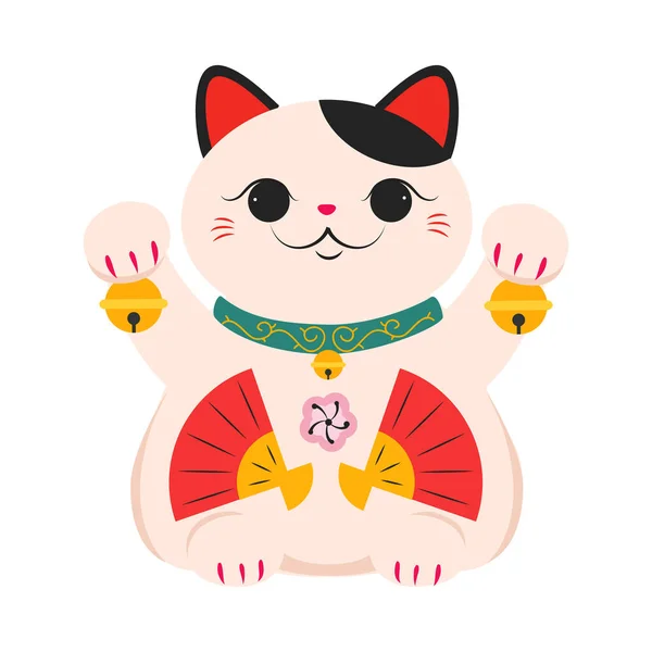 Japanese Maneki Neko with Raised Paws, Japanese Symbol of Good Luck and Wealth, Traditional Souvenir of Japan Cartoon Style Vector Illustration — Stock Vector