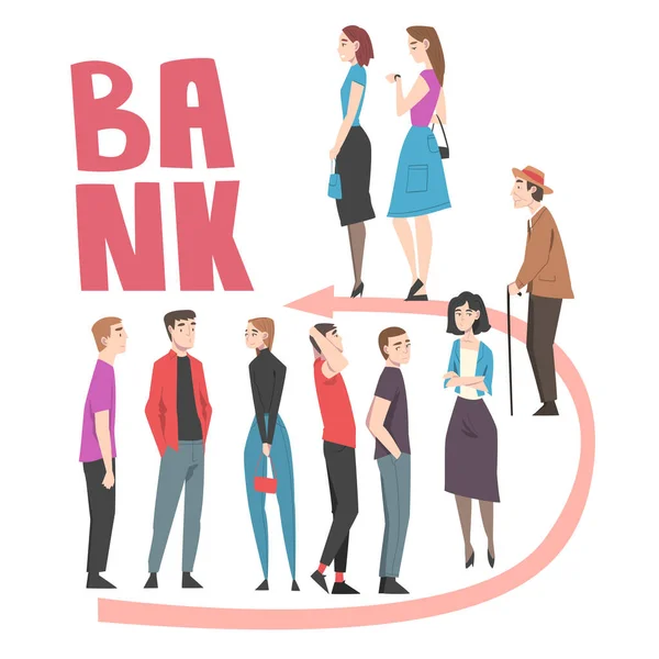 Kön av människor, män och kvinnor väntar stående i linje på Bank Cartoon Style Vector Illustration — Stock vektor