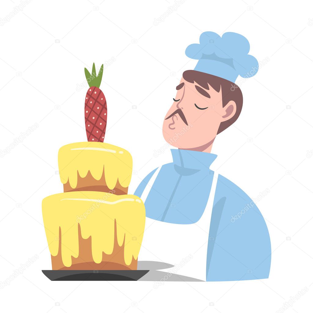 Chef With Delicious Cake, Cook Character in Hat and Apron Cooking Sweet Dessert in the Kitchen Cartoon Style Vector Illustration