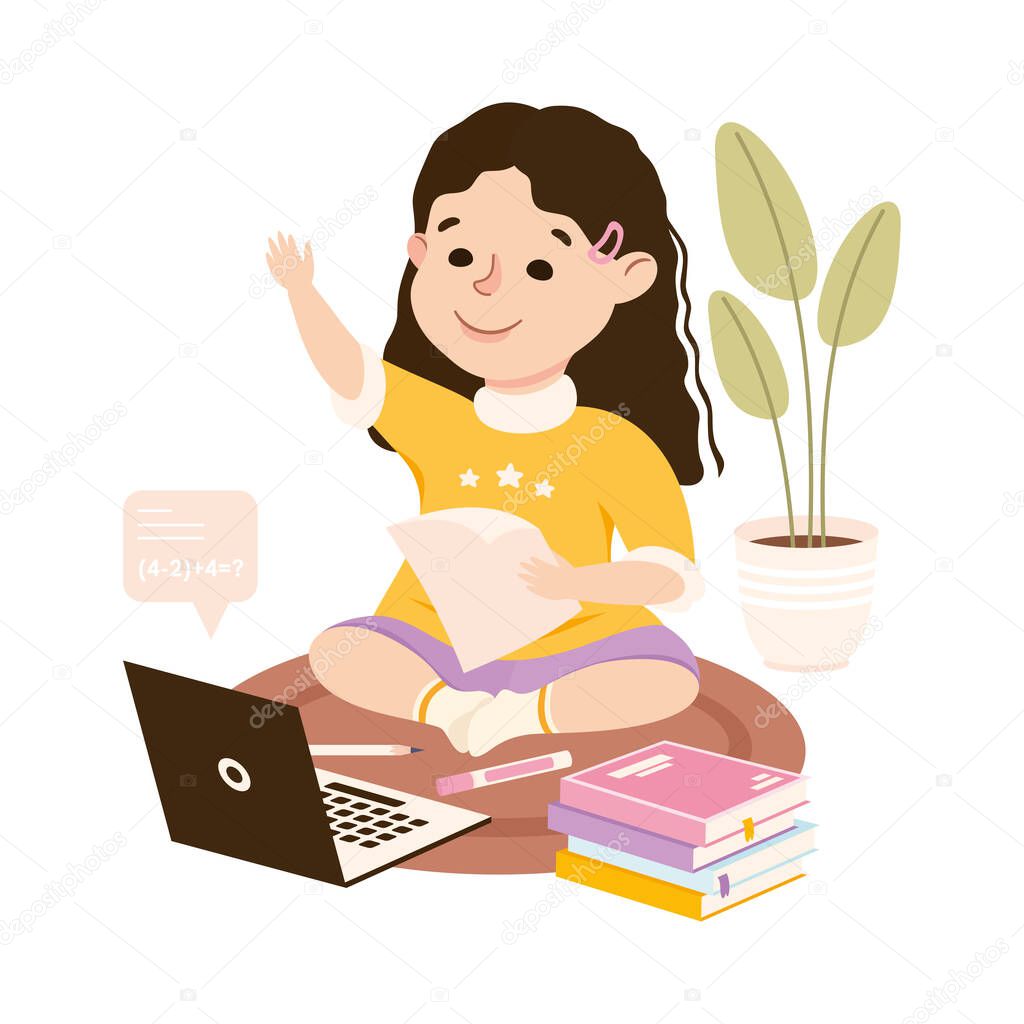 Little Girl Studying from home via Teleconference and Raising Her Hand to Answer, Homeschooling, Distance Learning Concept Cartoon Style Vector Illustration