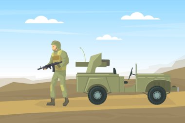 Çöl manzarası düz vektör ilülasyonunda Silahlı ve Askeri Aracı olan Askeri Asker