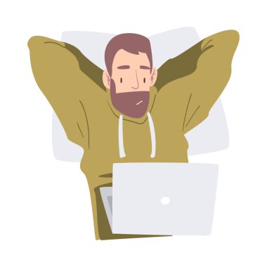 Dizüstü bilgisayarında canlı yayın yapan adam çizgi film stili vektör illüstrasyonunda