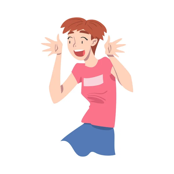 Muchacha asombrada, concepto de reacción emocional, persona sorprendida y sorprendida Estilo de dibujos animados Vector Ilustración — Vector de stock