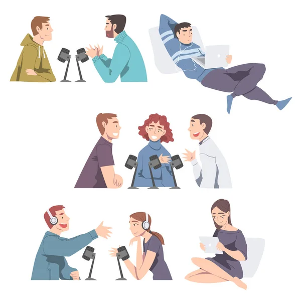 People Talking to Microphones Recording Podcast Set, Radio Hosts Communicating in Studio Cartoon Style Vector Illustration — Stock Vector