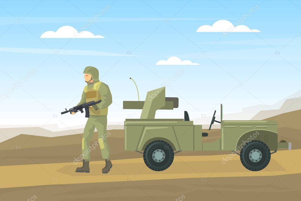 Military Soldier with Gun and Army Vehicle on Desert Landscape Flat Vector Illustration