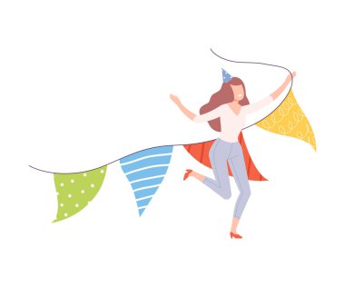 Genç Kadın Bekleme Partisi Bayrakları, Küçük Kişi Doğum Gününü Kutluyor ya da Önemli Olay Çizgi Film Biçimi Gösterimi