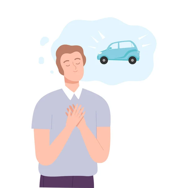 Hombre joven soñando con coche nuevo, gente imaginación concepto dibujos animados estilo vector ilustración — Vector de stock