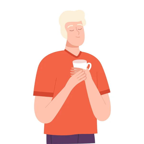 Entspannter Mann mit einer Tasse Tee, der von etwas träumt, Menschen Imagination Konzept Cartoon Style Vector Illustration — Stockvektor