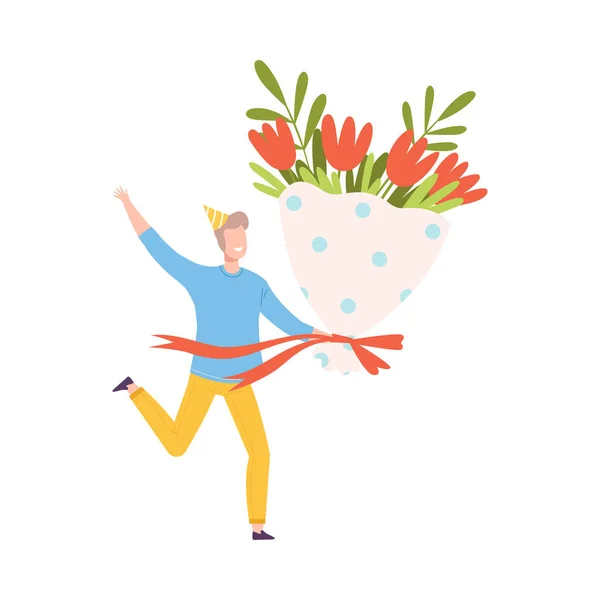 Junger Mann mit riesigem Blumenstrauß, kleine Person feiert Geburtstag oder wichtiges Ereignis im Cartoon-Stil Vektor Illustration — Stockvektor