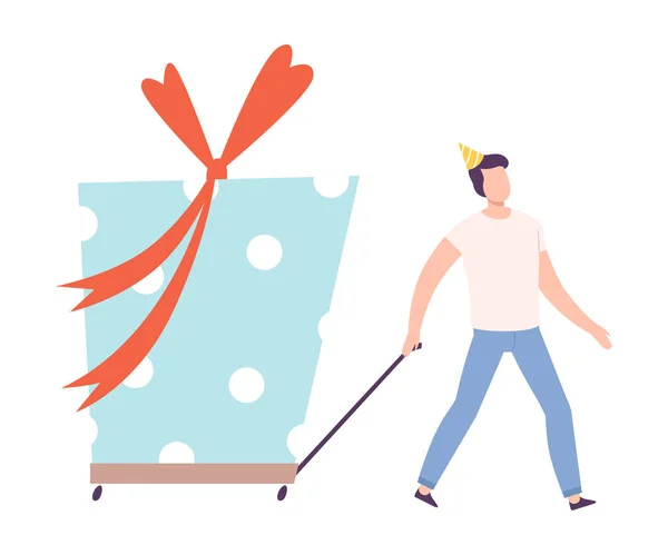 Joven tirando del carro con la caja de regalo enorme, diminuta persona celebrando cumpleaños o evento importante ilustración vectorial de estilo de dibujos animados — Vector de stock