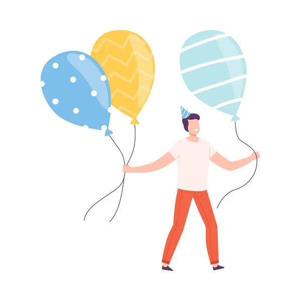 Ung Man Som Håller Färgglada Ballonger, Liten Person Fira Födelsedag Eller Viktiga Händelse Cartoon Style Vector Illustration — Stock vektor