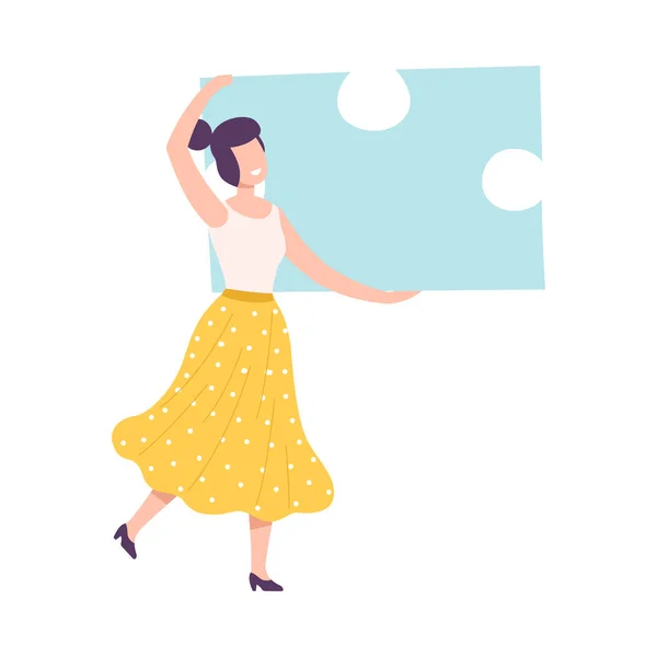 Young Woman Connecting Puzzle Elements, Girl Holding Big Jigsaw Piece Assembling Abstract Puzzle Cartoon Style Vector Illustration — 스톡 벡터